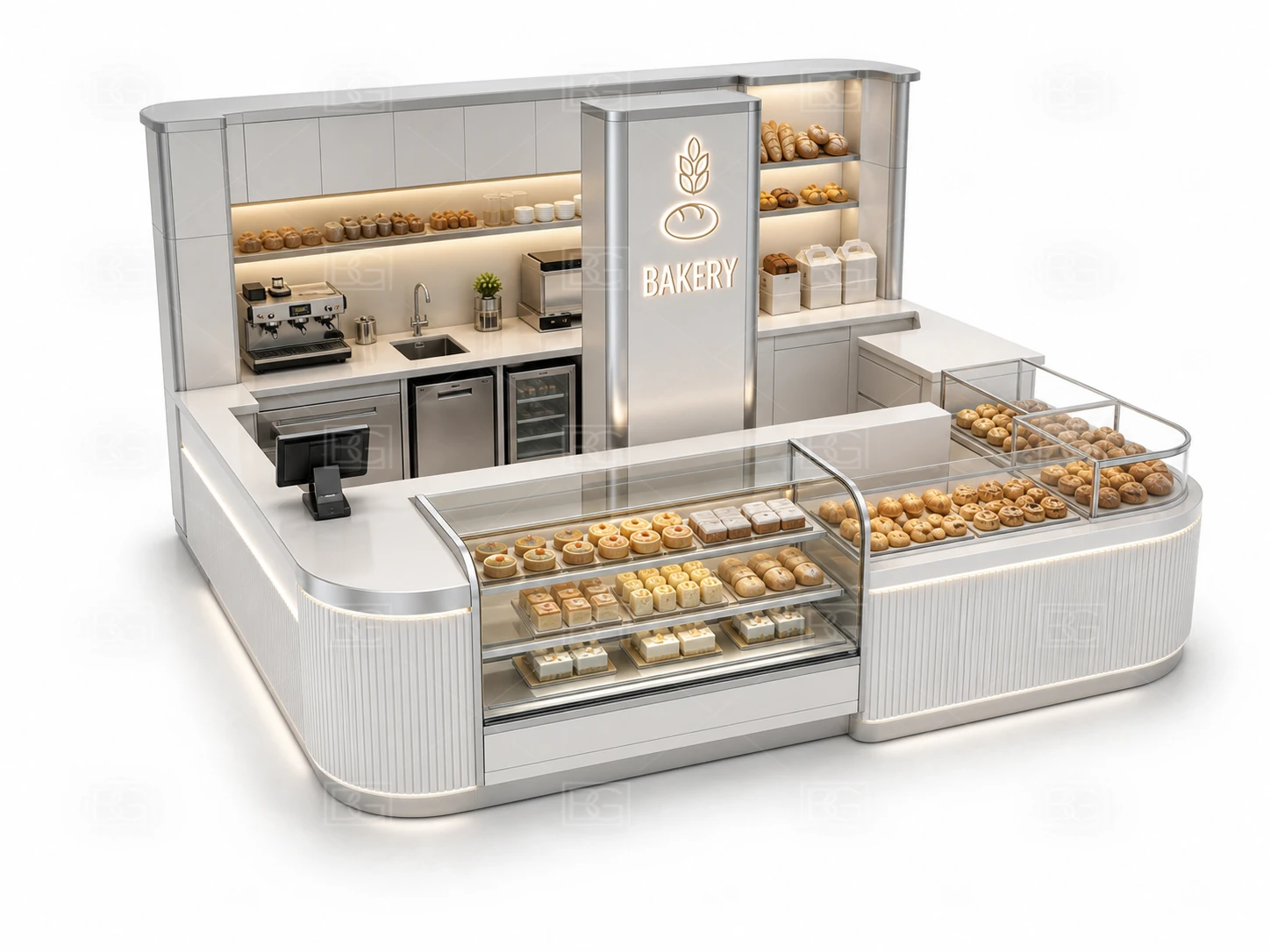 Bakery Kiosk Wholesale - Clean White Modern Booth with Open Oval Island Layout - view 04