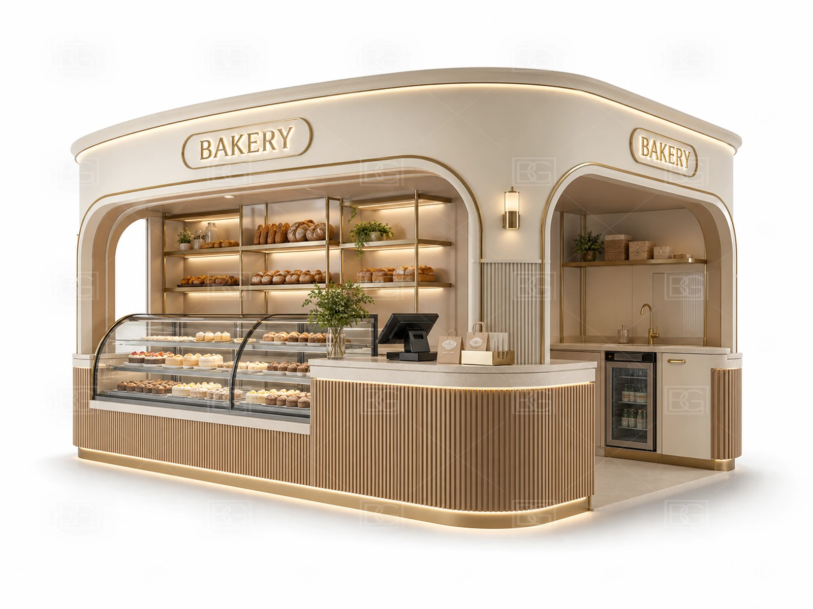 Bakery Kiosk Wholesale - Cream & Gold Patisserie Booth with Four-Sided Pastry Display - view 01