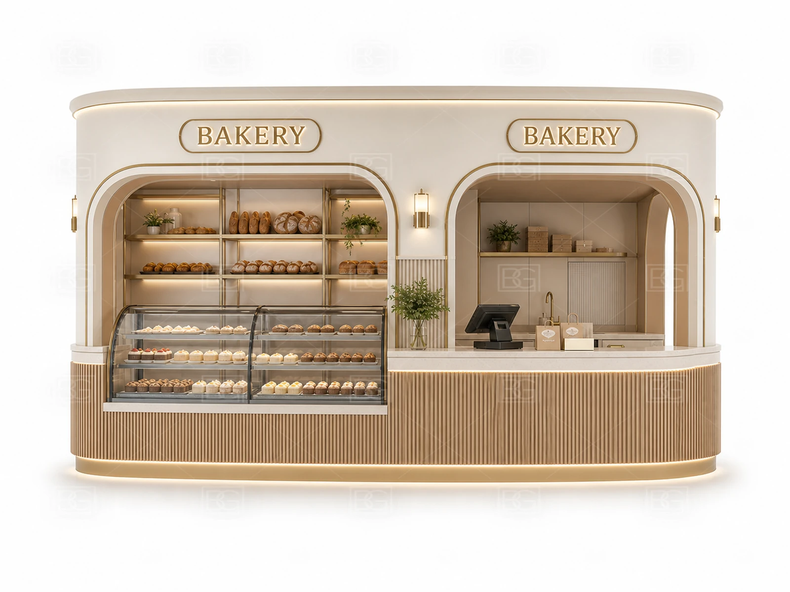 Bakery Kiosk Wholesale - Cream & Gold Patisserie Booth with Four-Sided Pastry Display - view 02