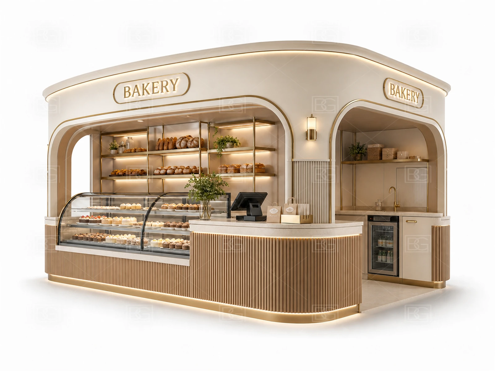 Bakery Kiosk Wholesale - Cream & Gold Patisserie Booth with Four-Sided Pastry Display - view 03