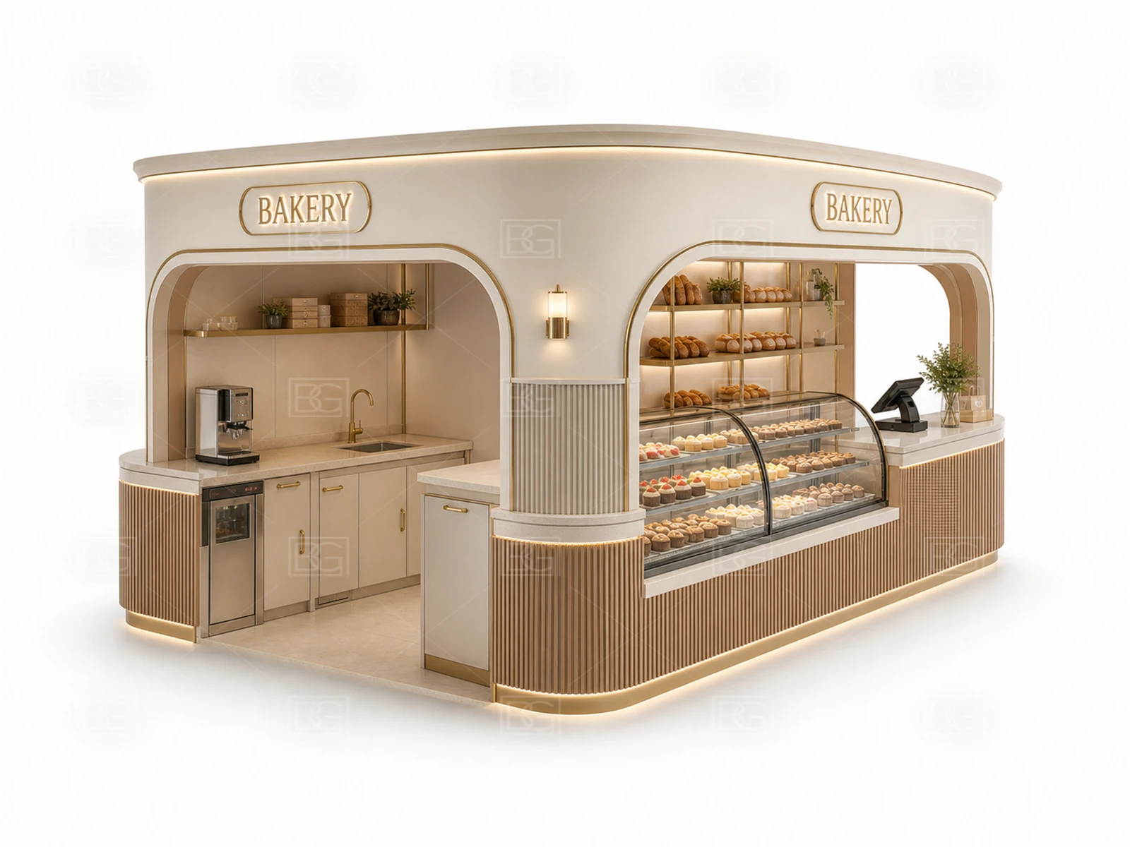 Bakery Kiosk Wholesale - Cream & Gold Patisserie Booth with Four-Sided Pastry Display - view 04