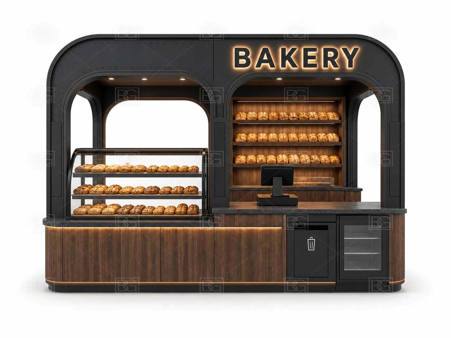 Bakery Kiosk Wholesale - Industrial Black & Walnut Booth with U-Shaped Bread Display - view 02