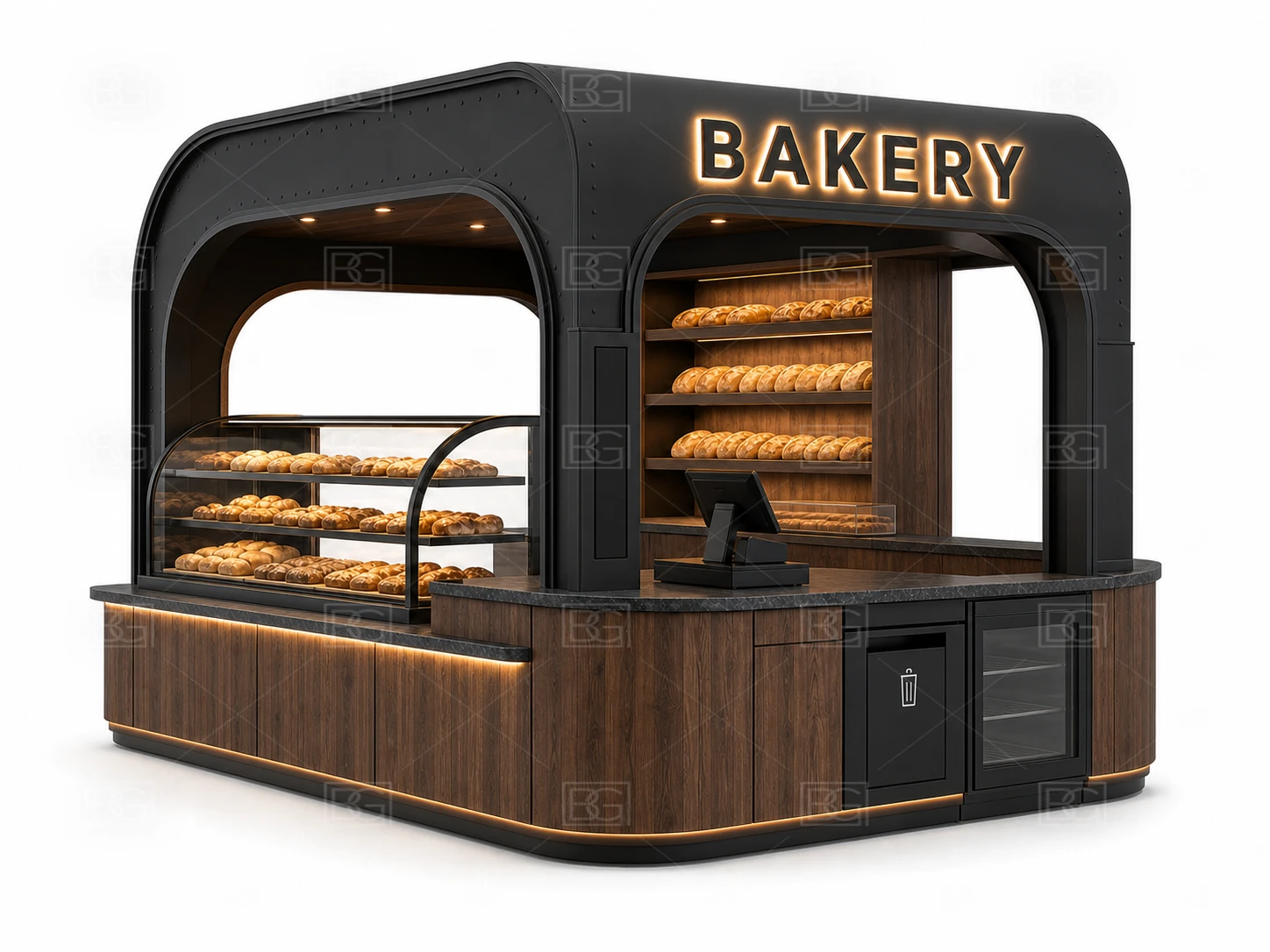 Bakery Kiosk Wholesale - Industrial Black & Walnut Booth with U-Shaped Bread Display - view 03