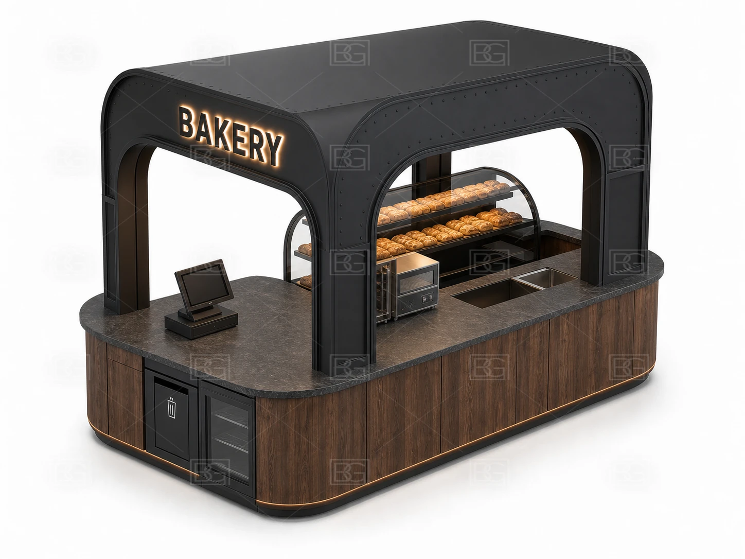 Bakery Kiosk Wholesale - Industrial Black & Walnut Booth with U-Shaped Bread Display - view 04