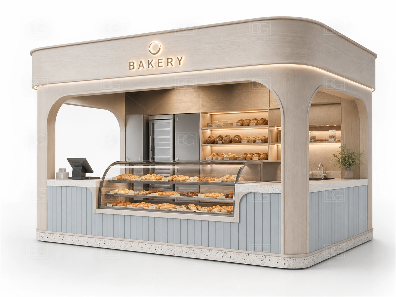 Bakery Kiosk Wholesale - Soft Blue Coastal Booth with Open Mall-Facing Service Area - view 01