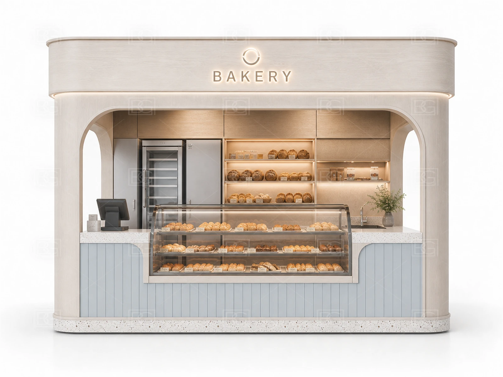 Bakery Kiosk Wholesale - Soft Blue Coastal Booth with Open Mall-Facing Service Area - view 02