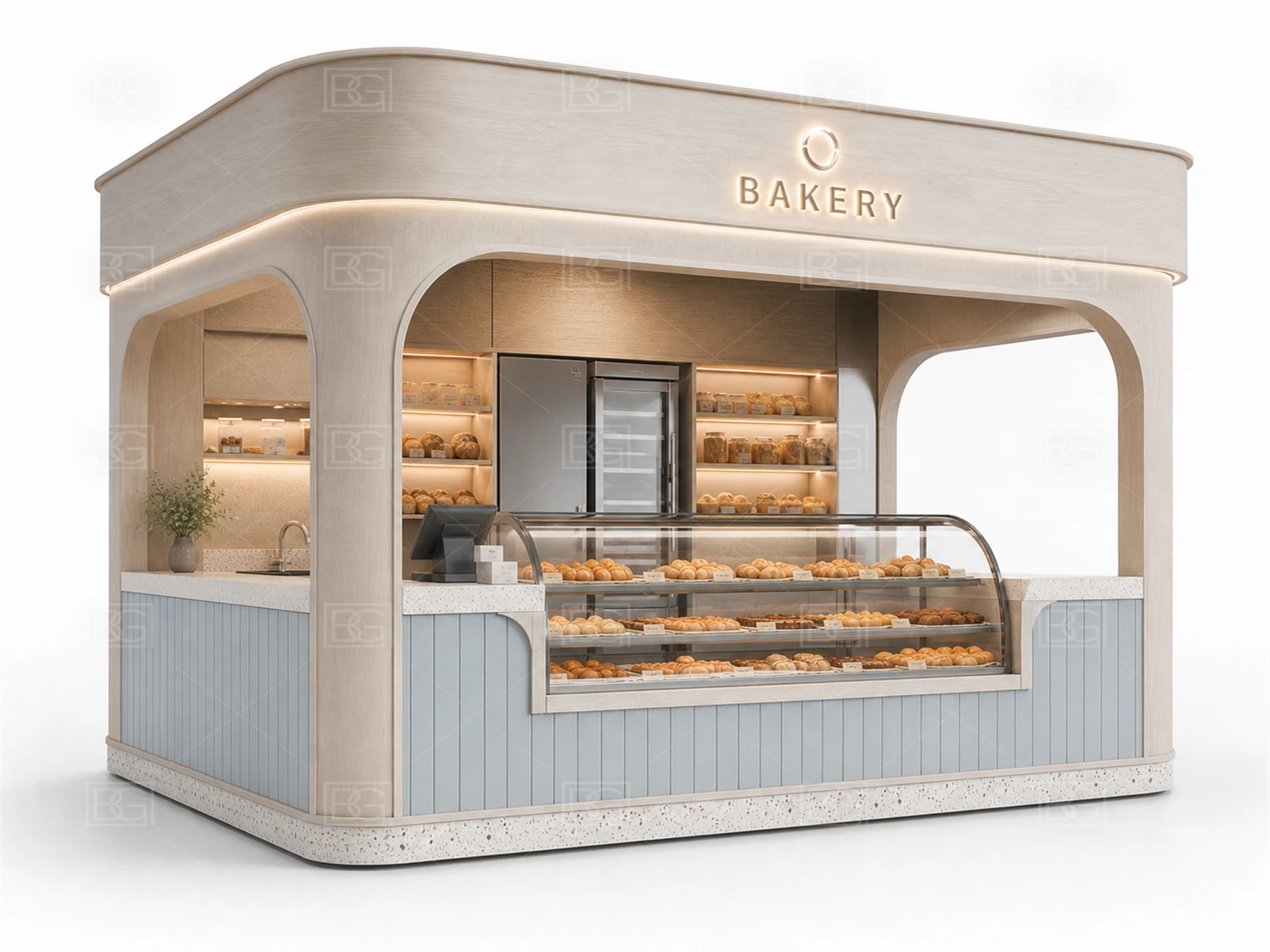 Bakery Kiosk Wholesale - Soft Blue Coastal Booth with Open Mall-Facing Service Area - view 03