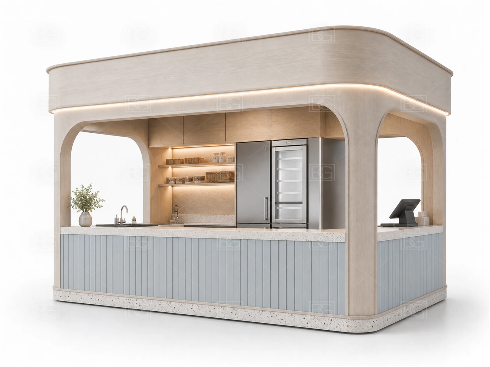 Bakery Kiosk Wholesale - Soft Blue Coastal Booth with Open Mall-Facing Service Area - view 04