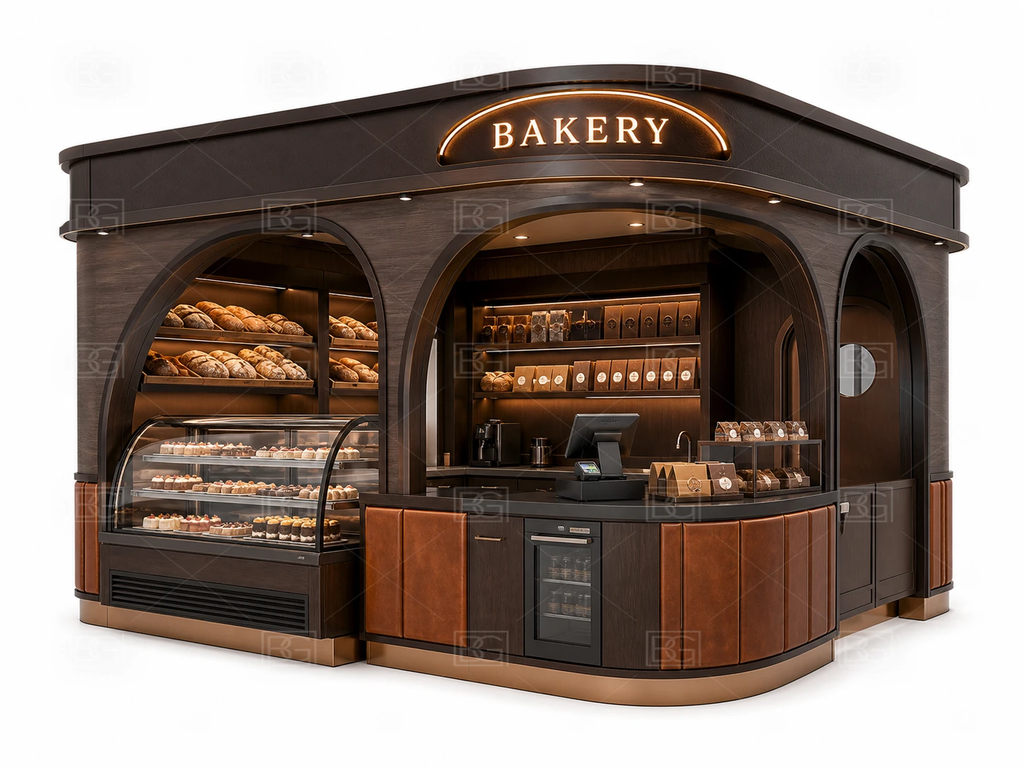 Chocolate Brown Boutique Bakery Kiosk for Sale with Open Octagonal Service Layout - view 01