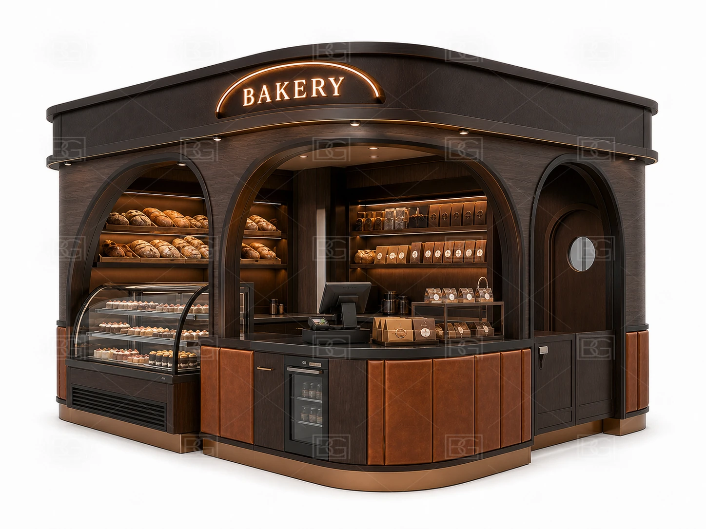 Chocolate Brown Boutique Bakery Kiosk for Sale with Open Octagonal Service Layout - view 03