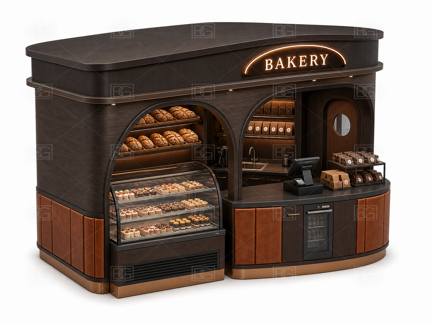 Chocolate Brown Boutique Bakery Kiosk for Sale with Open Octagonal Service Layout - view 04