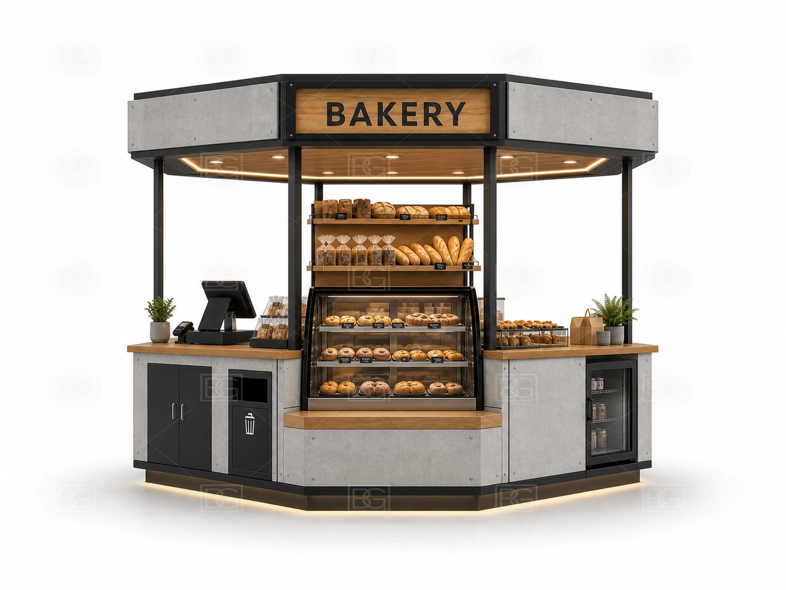 Concrete Grey & Oak Bakery Kiosk for Sale with Open Service Counters - view 02