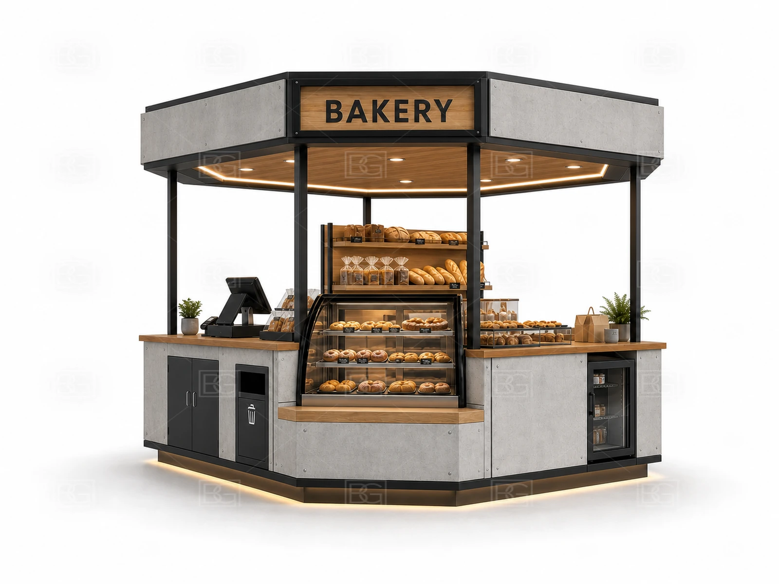 Concrete Grey & Oak Bakery Kiosk for Sale with Open Service Counters - view 03