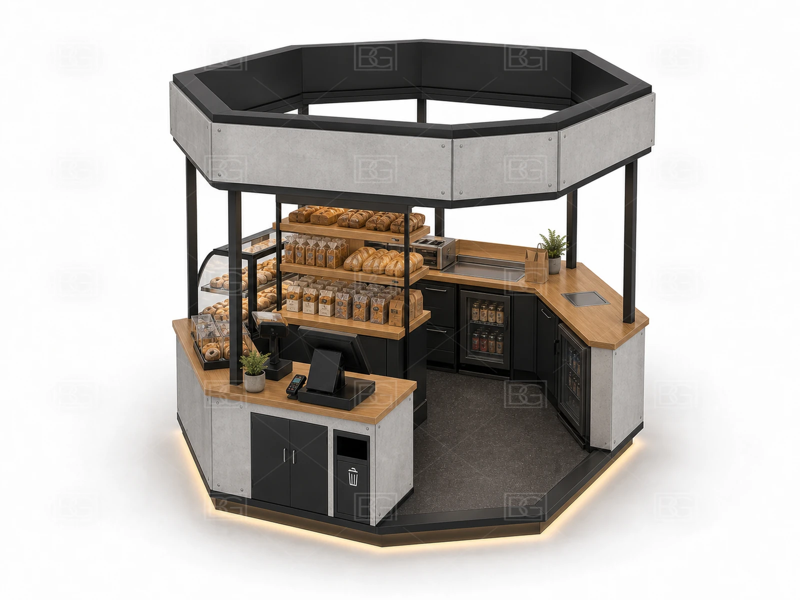 Concrete Grey & Oak Bakery Kiosk for Sale with Open Service Counters - view 04