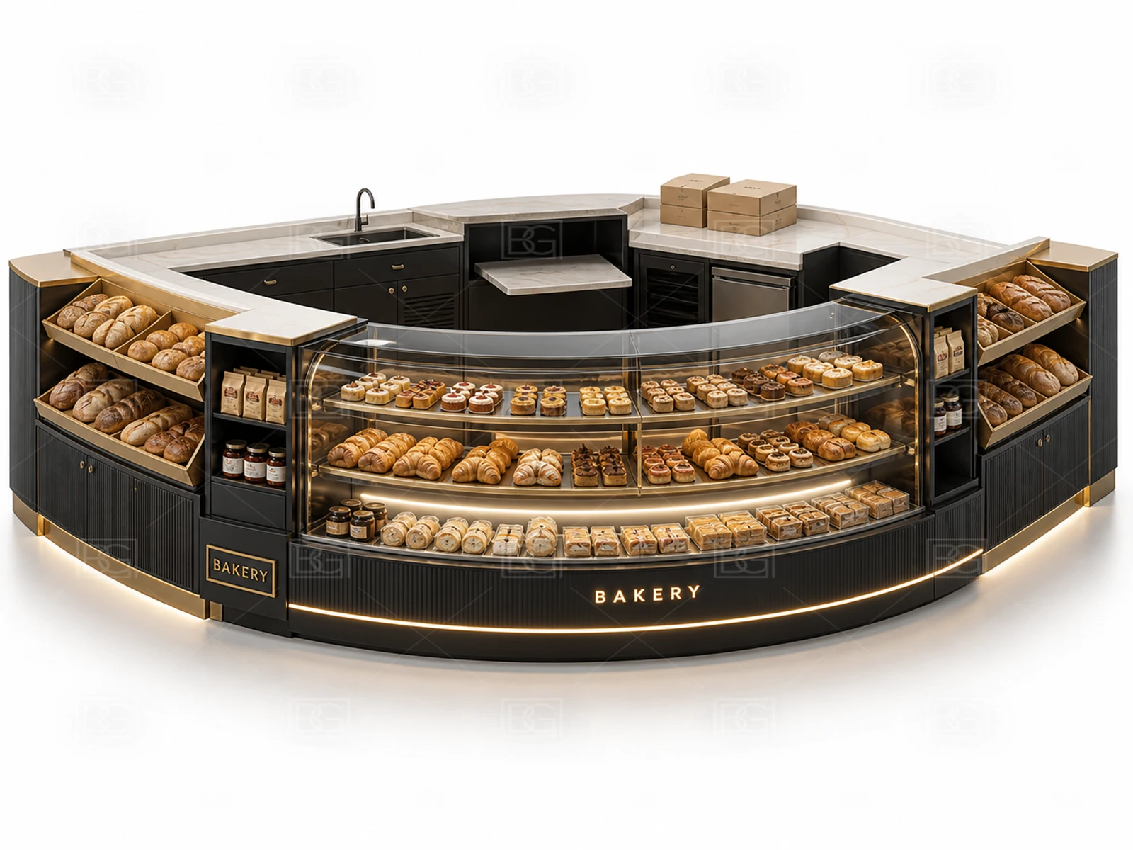 Custom Bakery Display Kiosk with Black & Brass Parisian Finish & Curved U-Shaped Pastry Display - view 01