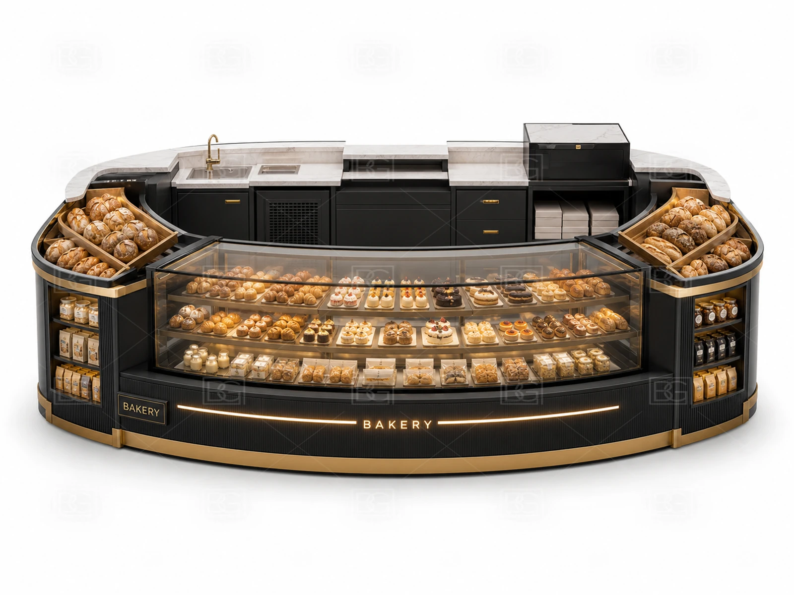 Custom Bakery Display Kiosk with Black & Brass Parisian Finish & Curved U-Shaped Pastry Display - view 02
