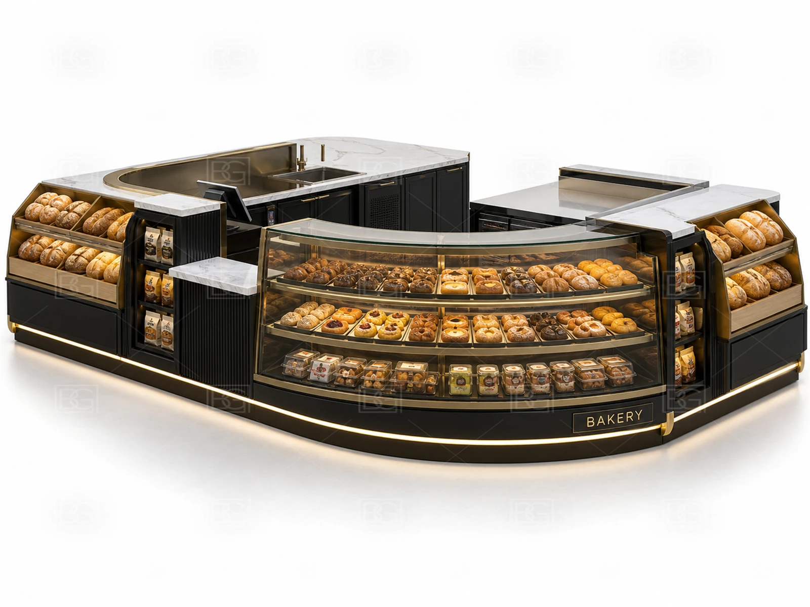 Custom Bakery Display Kiosk with Black & Brass Parisian Finish & Curved U-Shaped Pastry Display - view 03