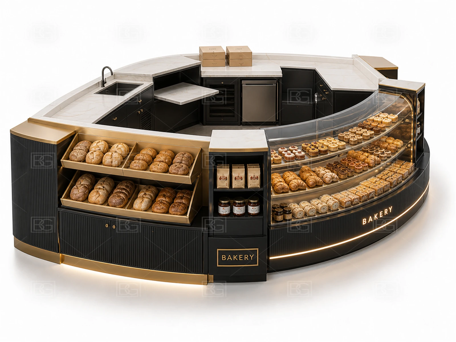 Custom Bakery Display Kiosk with Black & Brass Parisian Finish & Curved U-Shaped Pastry Display - view 04