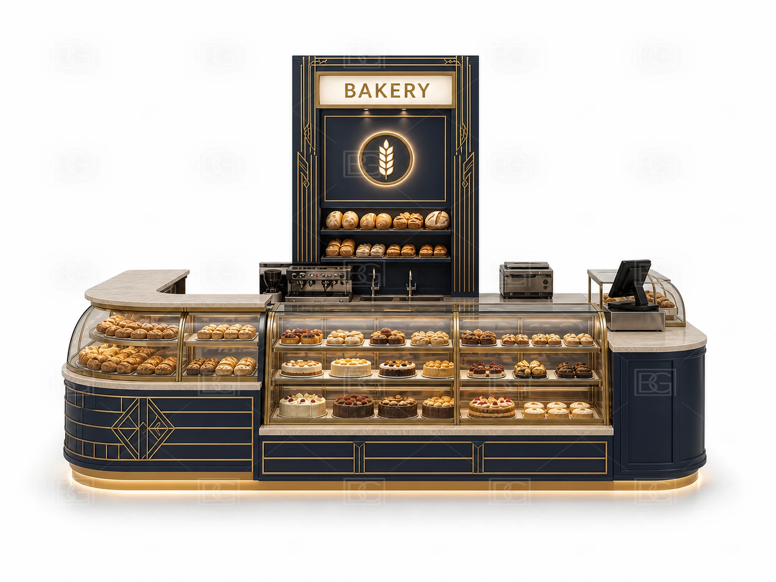 Custom Bakery Display Kiosk with Navy & Brass Art Deco Finish & U-Shaped Bread Display - view 02