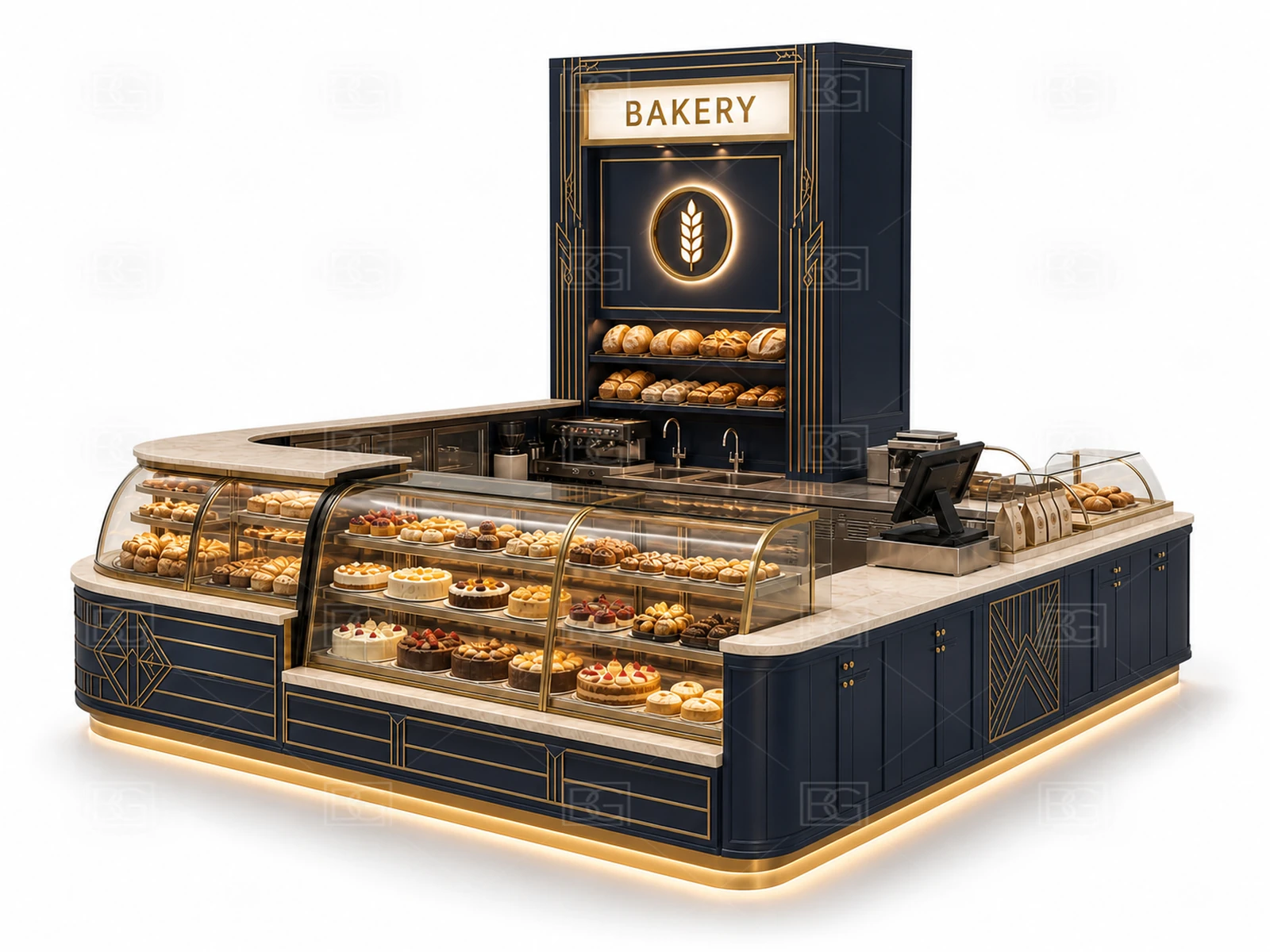 Custom Bakery Display Kiosk with Navy & Brass Art Deco Finish & U-Shaped Bread Display - view 03