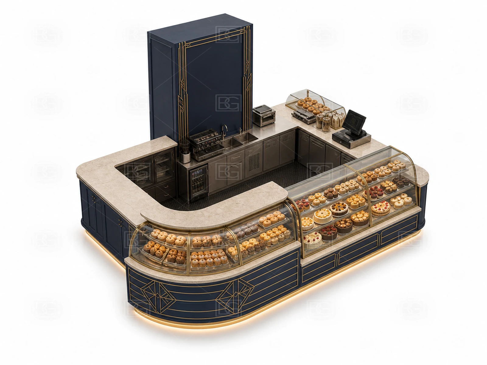 Custom Bakery Display Kiosk with Navy & Brass Art Deco Finish & U-Shaped Bread Display - view 04