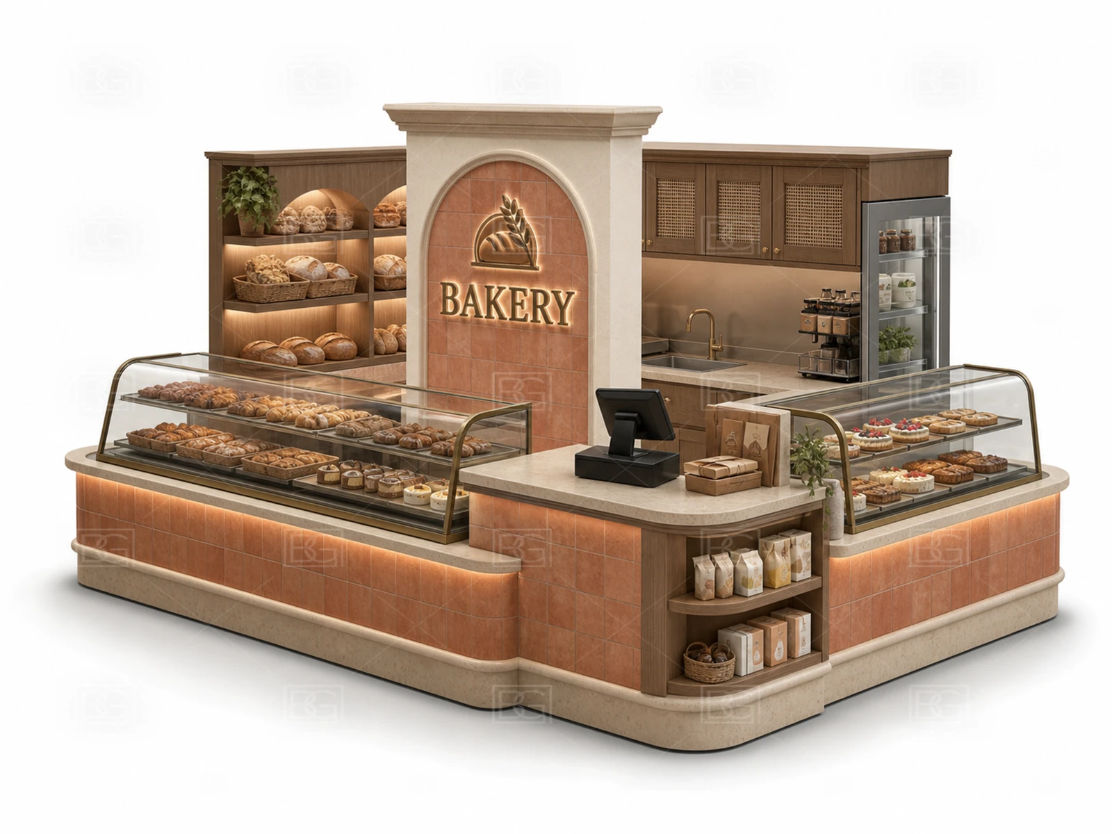 Custom Bakery Display Kiosk with Terracotta Artisan Finish & Artisan Bread & Pastry Display - view 01
