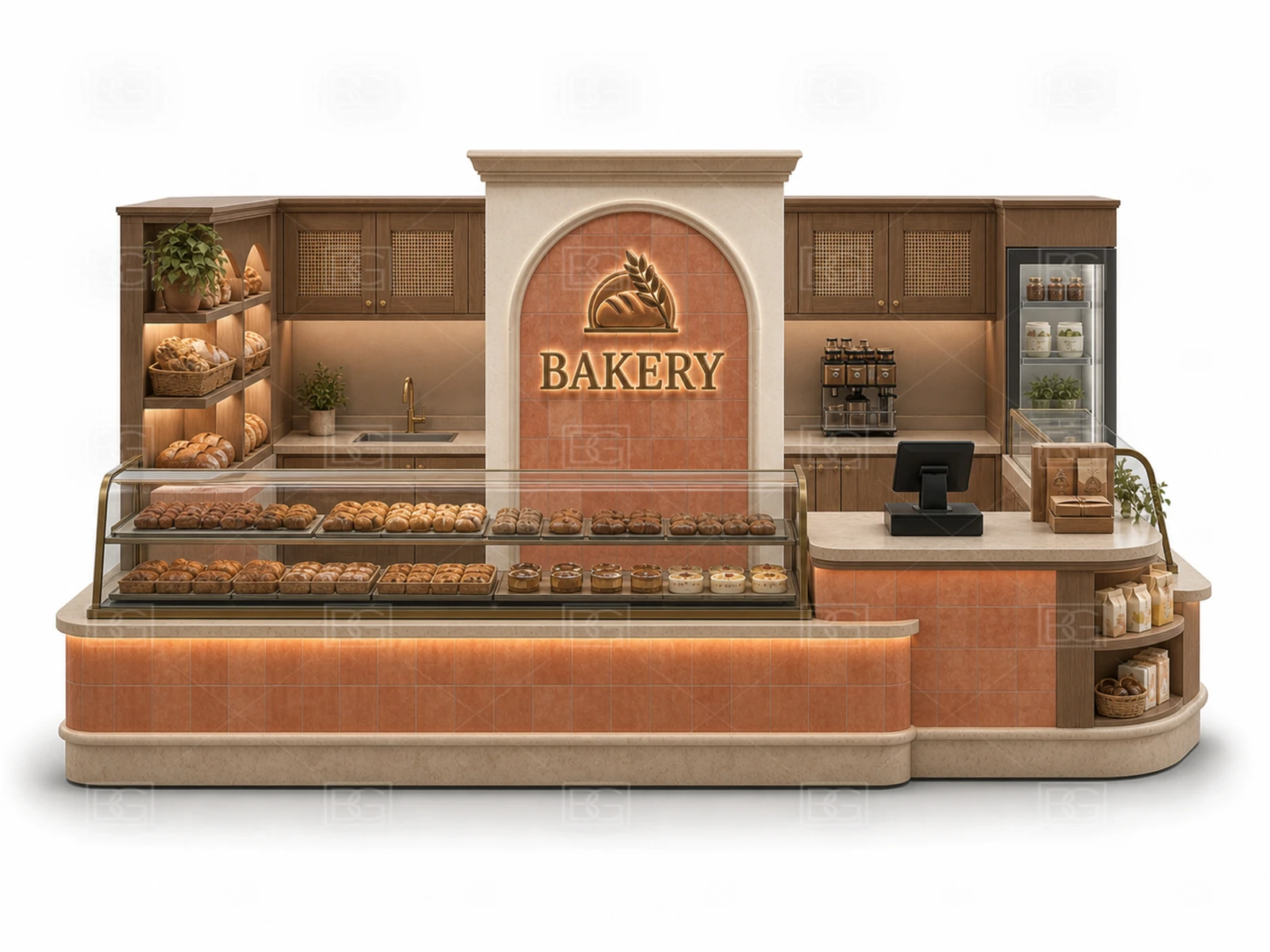 Custom Bakery Display Kiosk with Terracotta Artisan Finish & Artisan Bread & Pastry Display - view 02