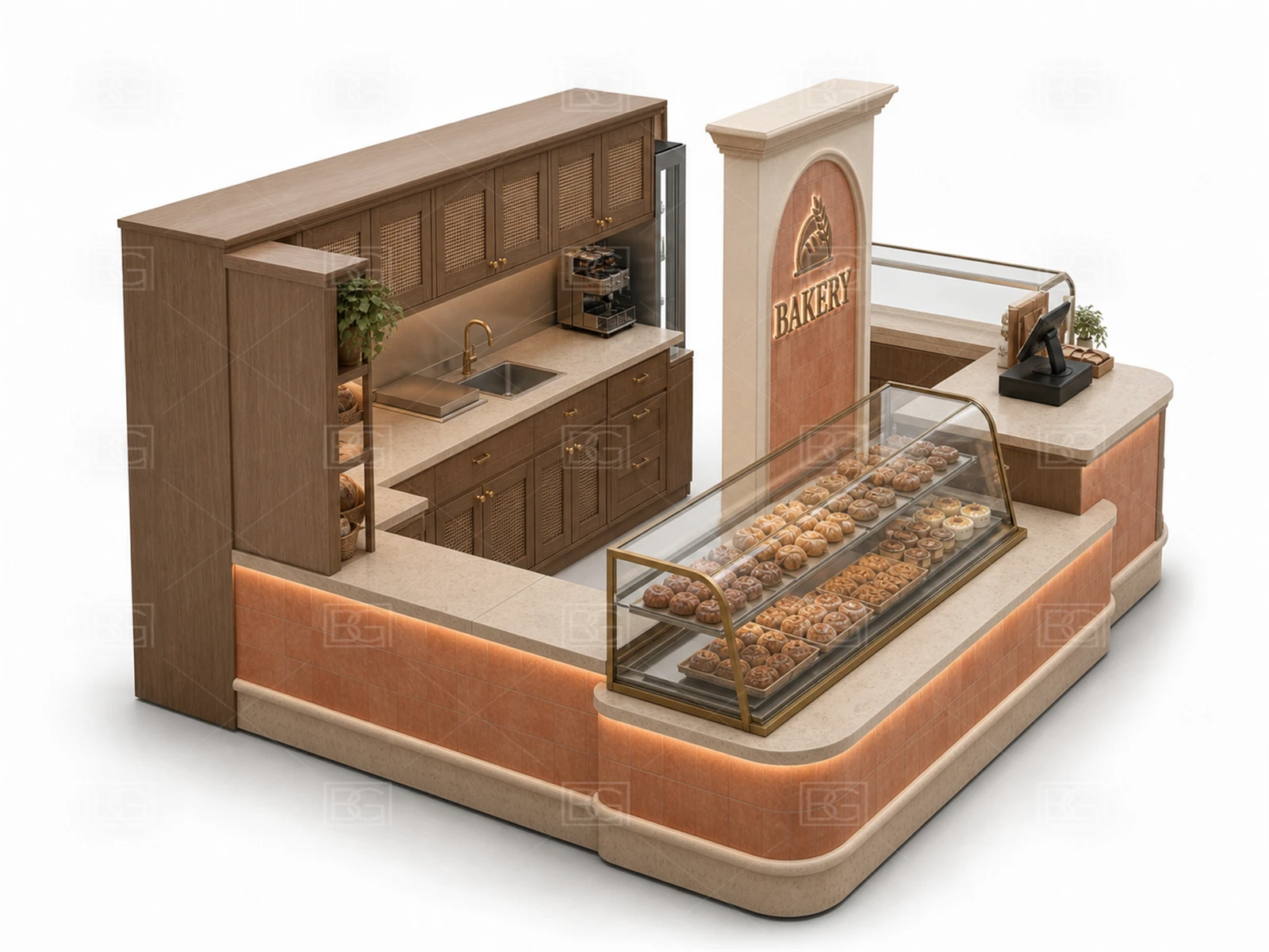 Custom Bakery Display Kiosk with Terracotta Artisan Finish & Artisan Bread & Pastry Display - view 04