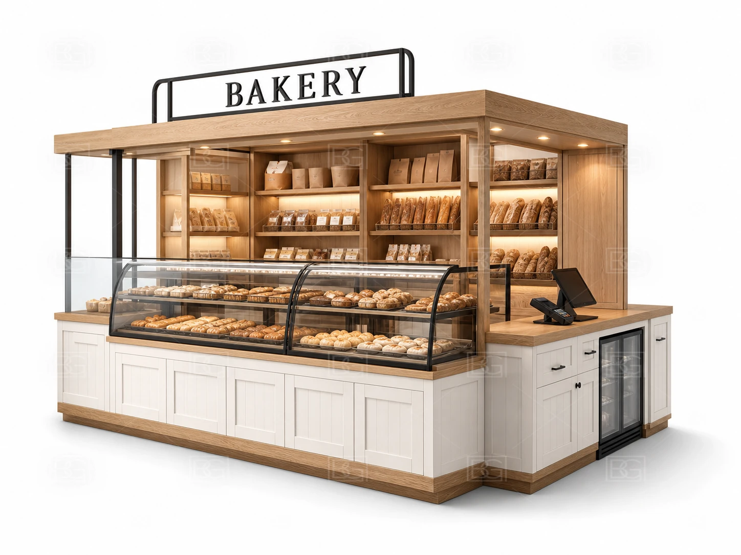 Custom Bakery Display Kiosk with Warm White Farmhouse Finish & Recessed POS & Pickup - view 01