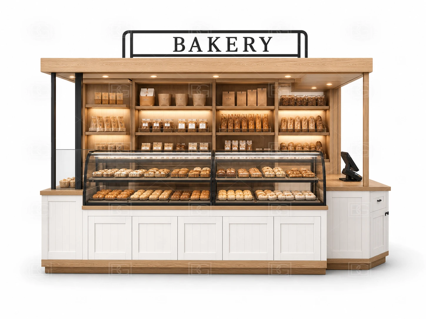 Custom Bakery Display Kiosk with Warm White Farmhouse Finish & Recessed POS & Pickup - view 02