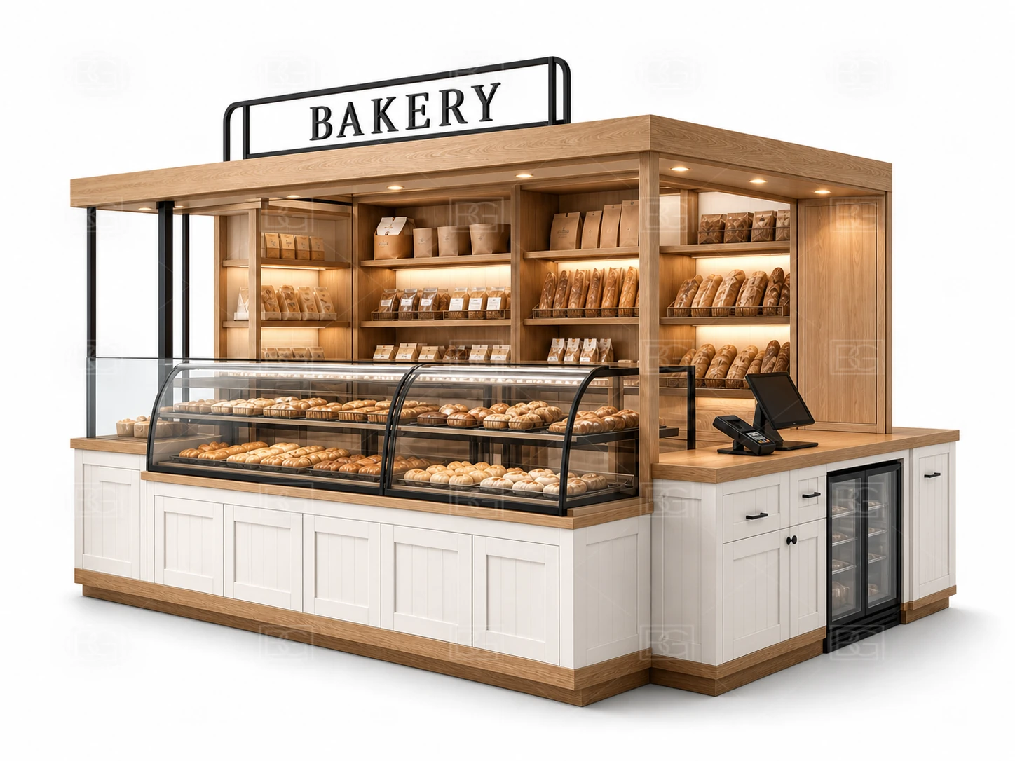 Custom Bakery Display Kiosk with Warm White Farmhouse Finish & Recessed POS & Pickup - view 03