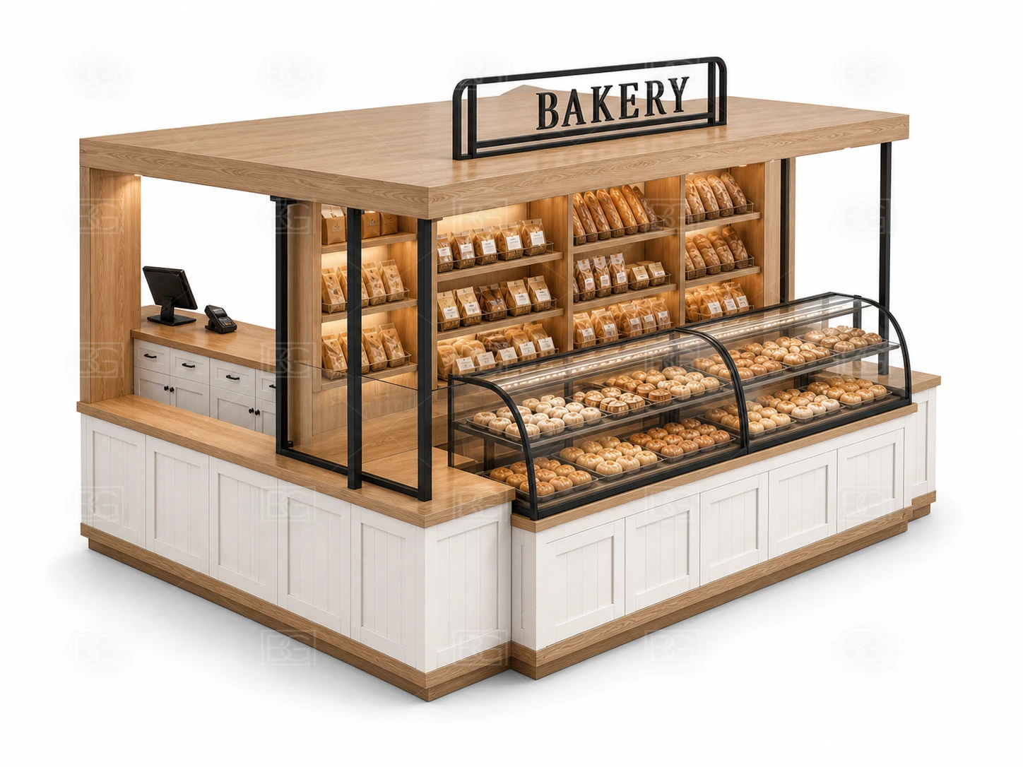 Custom Bakery Display Kiosk with Warm White Farmhouse Finish & Recessed POS & Pickup - view 04