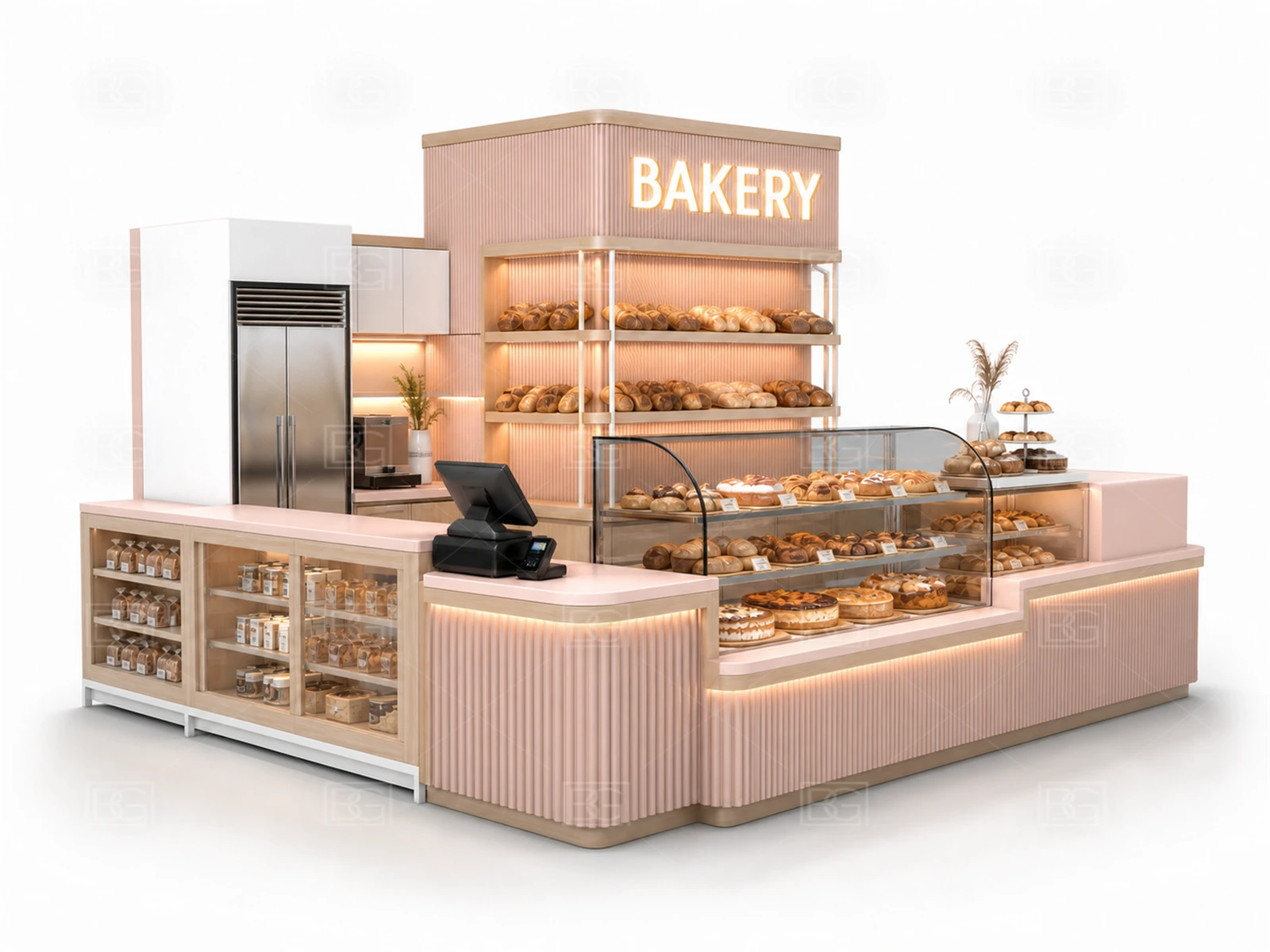Custom Bakery Kiosk with Blush Pink Contemporary Finish & Four-Way Customer Access - view 03
