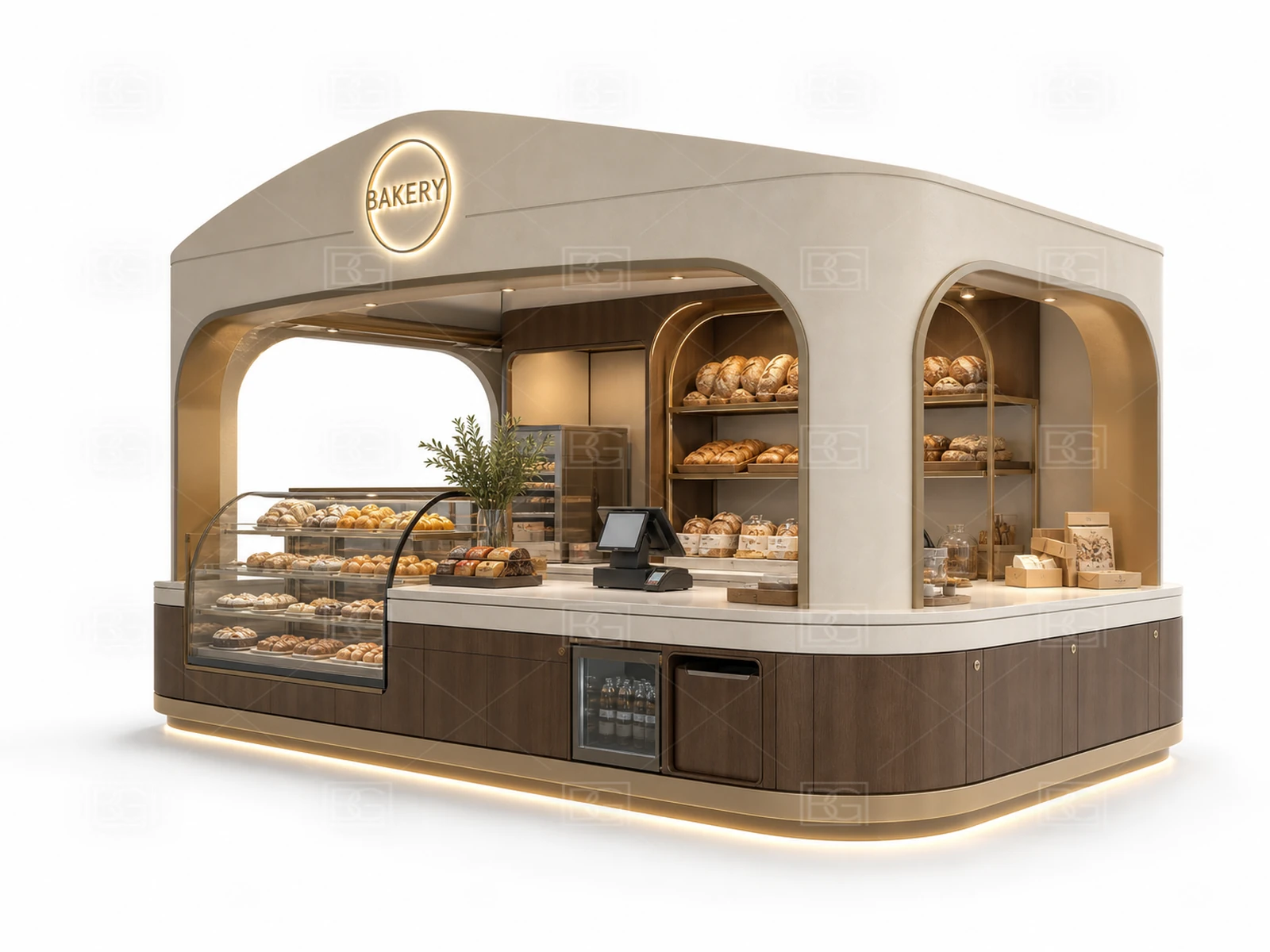 Custom Bakery Kiosk with Ivory Sculptural Finish & Sweeping Curved Pastry Counter - view 01