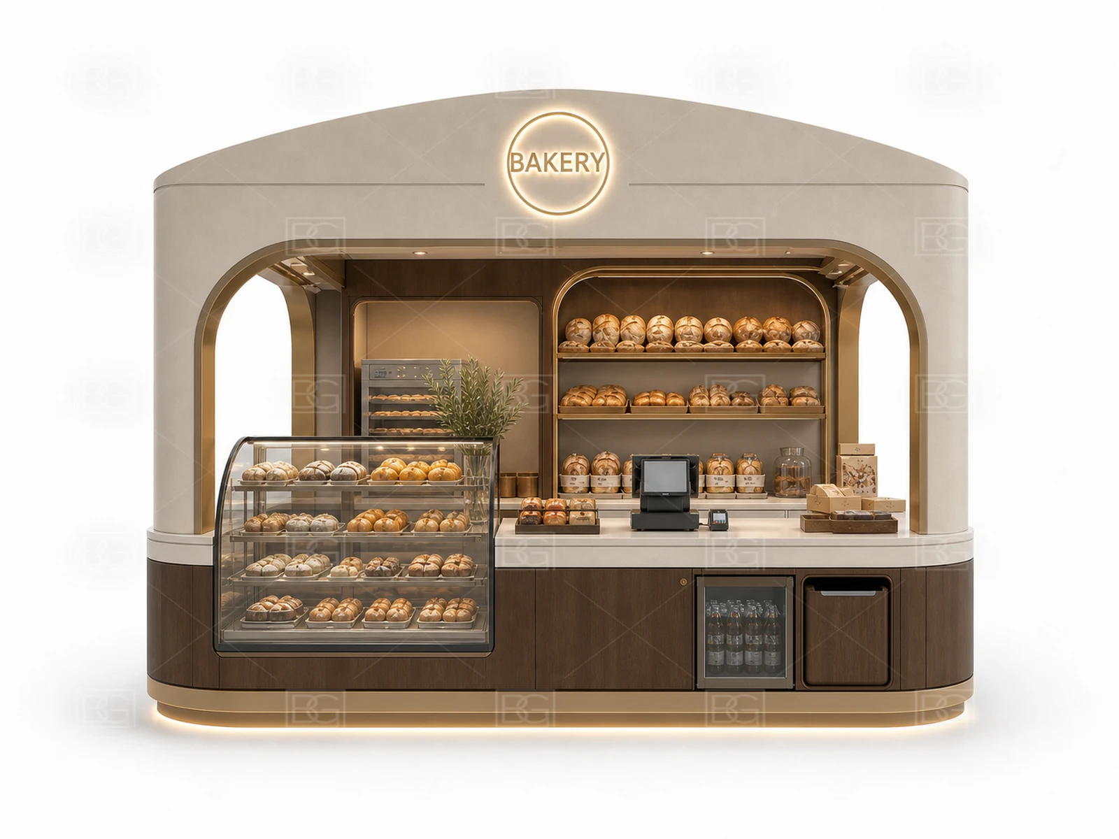 Custom Bakery Kiosk with Ivory Sculptural Finish & Sweeping Curved Pastry Counter - view 02