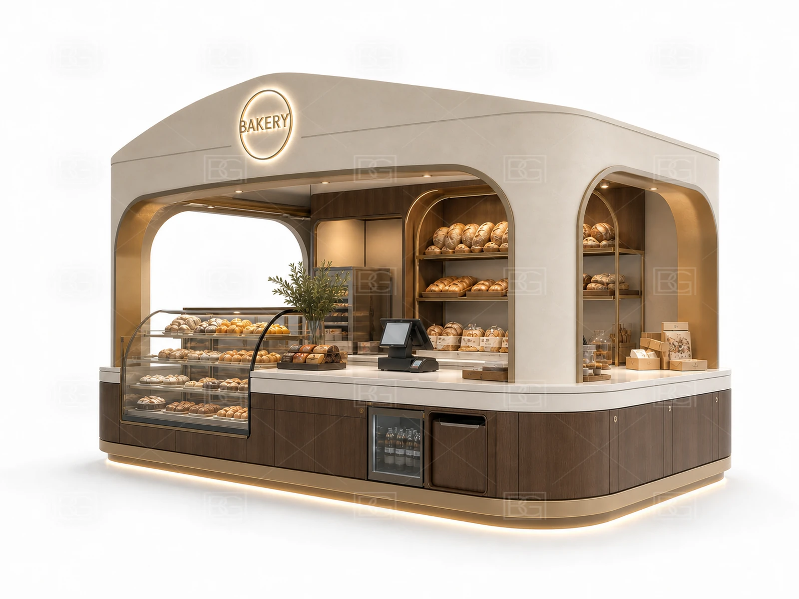 Custom Bakery Kiosk with Ivory Sculptural Finish & Sweeping Curved Pastry Counter - view 03