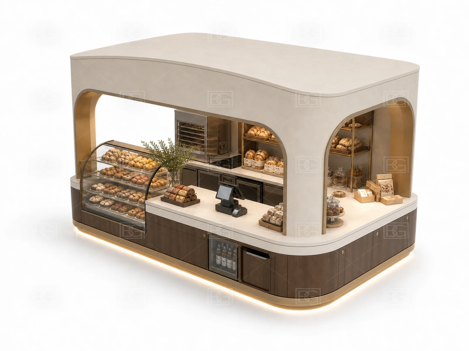 Custom Bakery Kiosk with Ivory Sculptural Finish & Sweeping Curved Pastry Counter - view 04