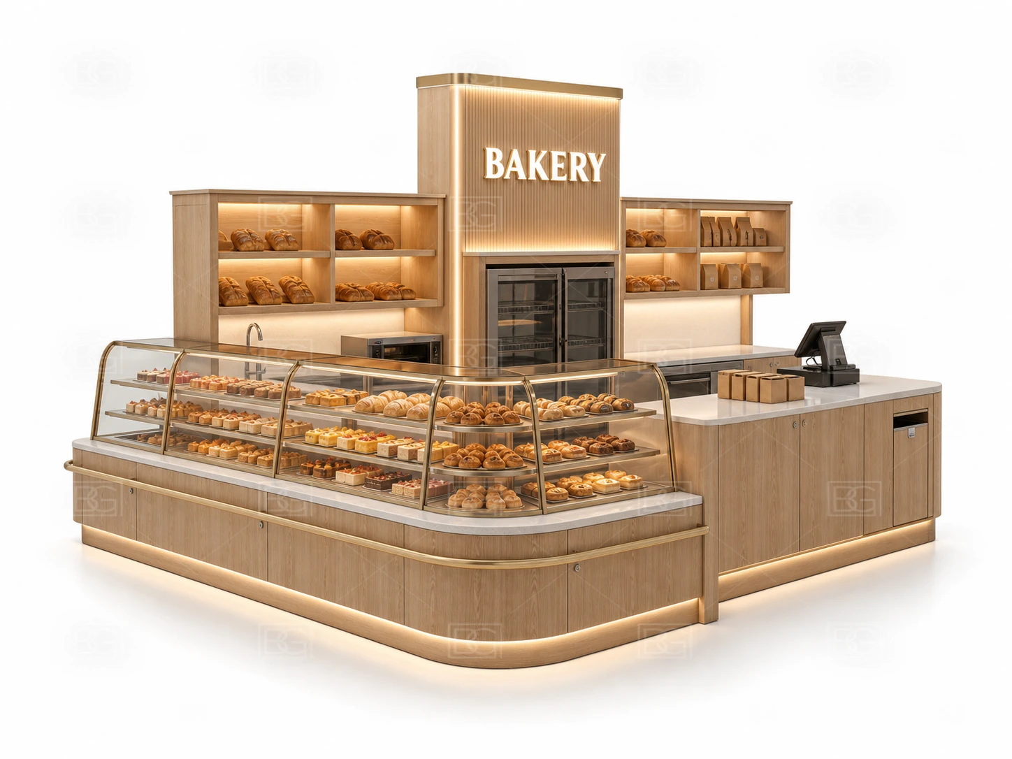 Custom Bakery Kiosk with Nordic Oak Finish & Curved Glass Pastry Display - view 01