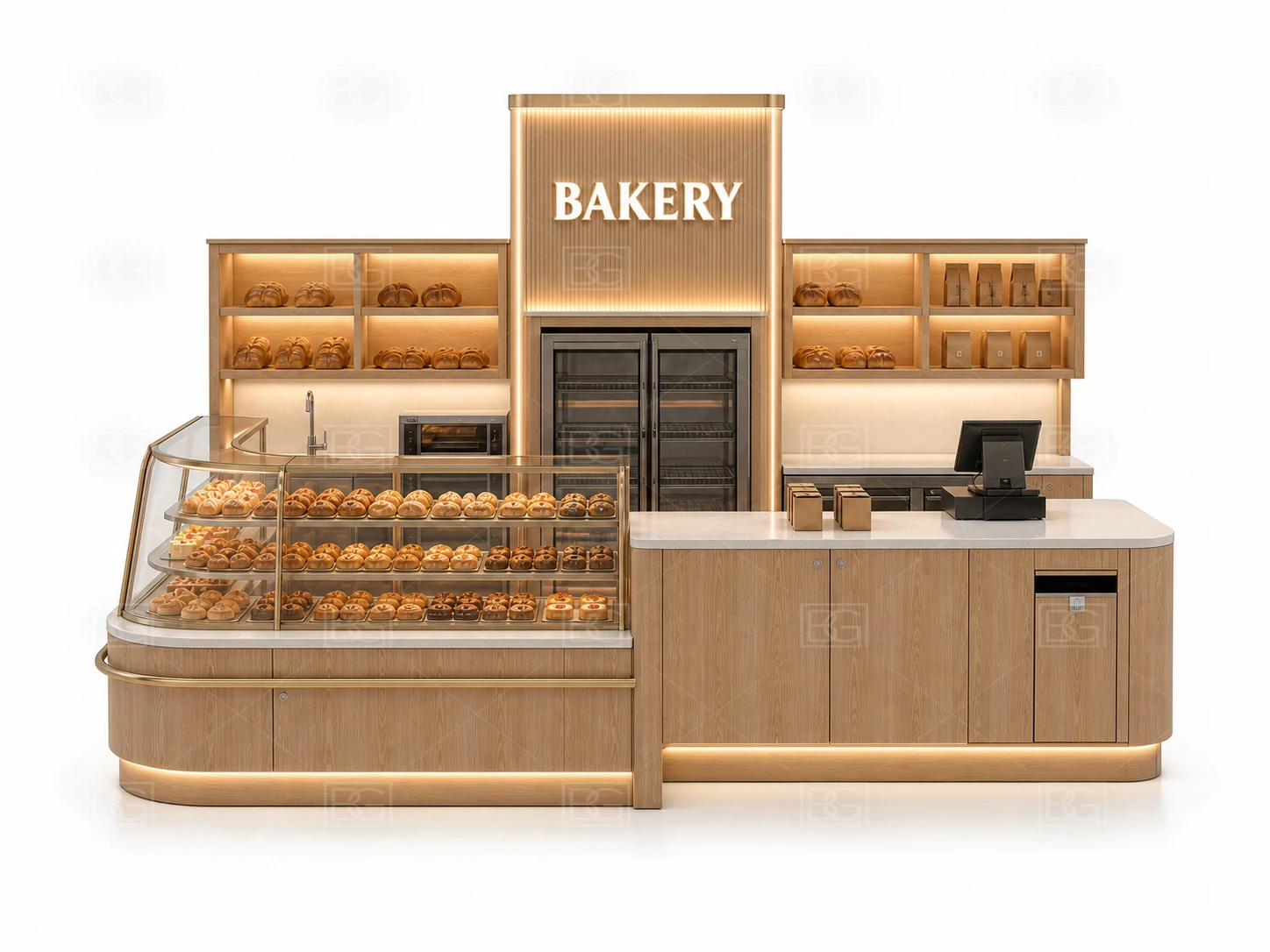 Custom Bakery Kiosk with Nordic Oak Finish & Curved Glass Pastry Display - view 02