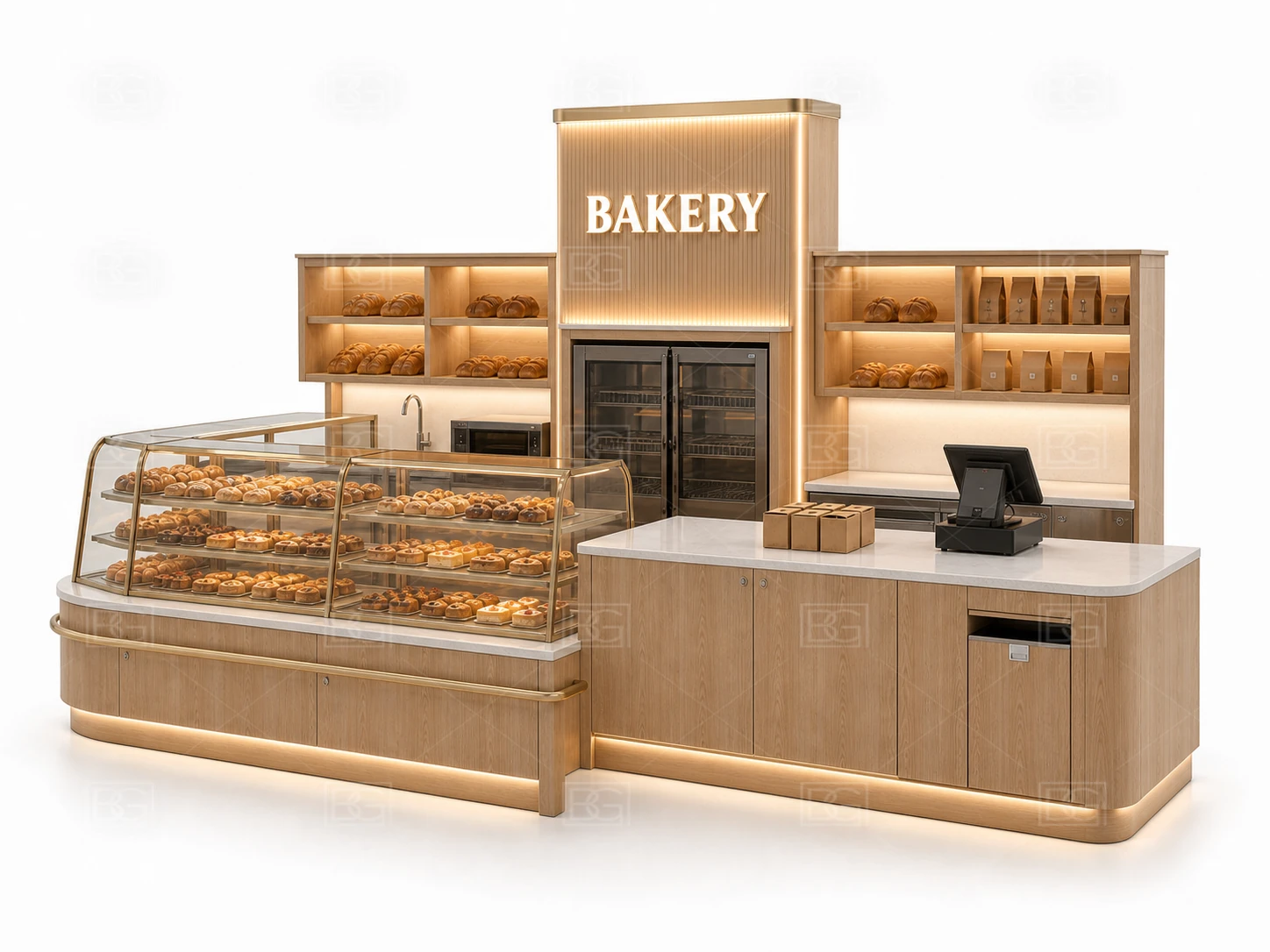 Custom Bakery Kiosk with Nordic Oak Finish & Curved Glass Pastry Display - view 03