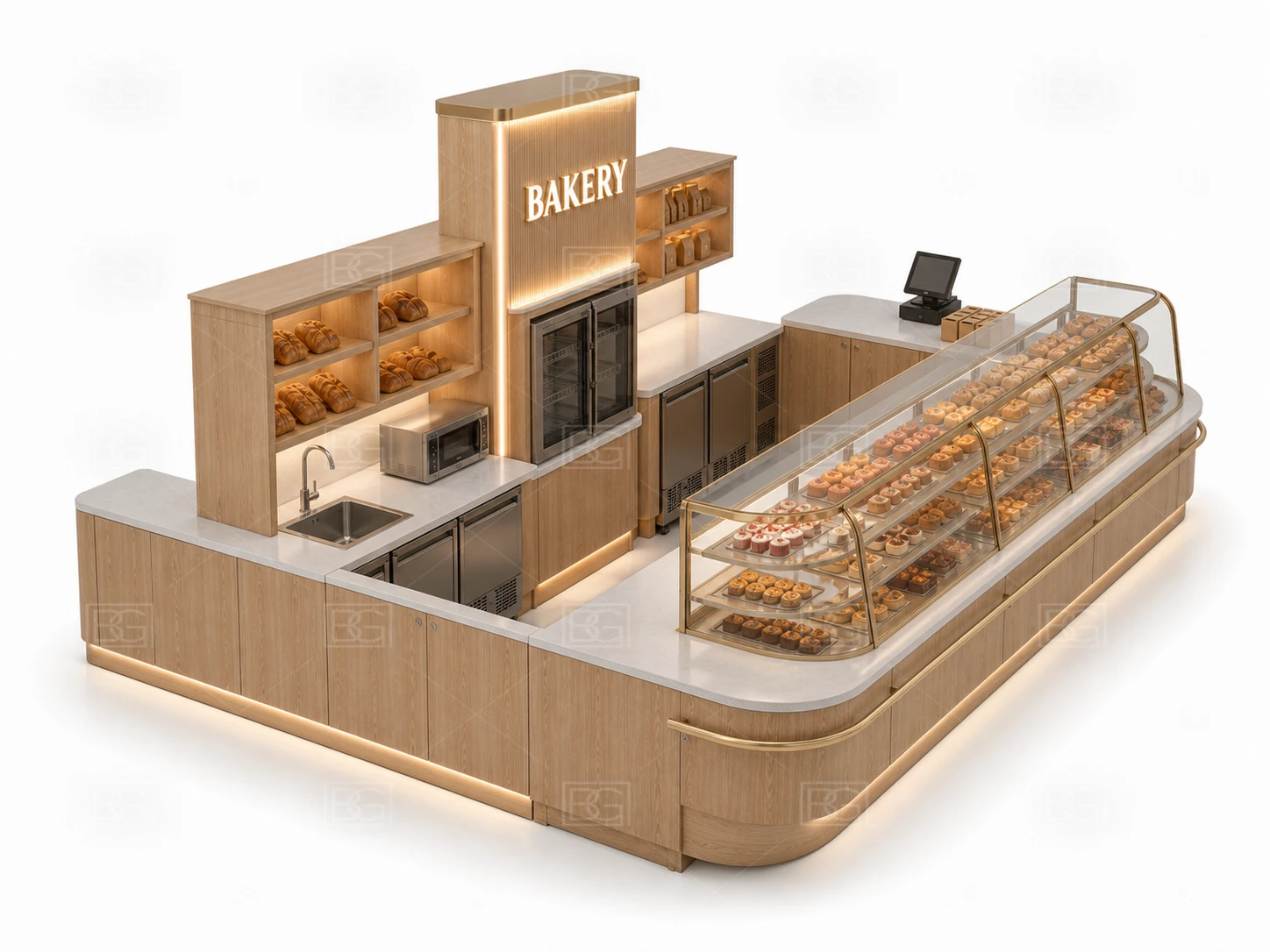 Custom Bakery Kiosk with Nordic Oak Finish & Curved Glass Pastry Display - view 04