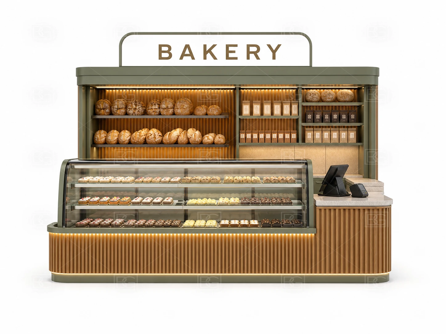 Custom Bakery Kiosk with Sage Green Biophilic Finish & Open Linear Service Layout - view 02