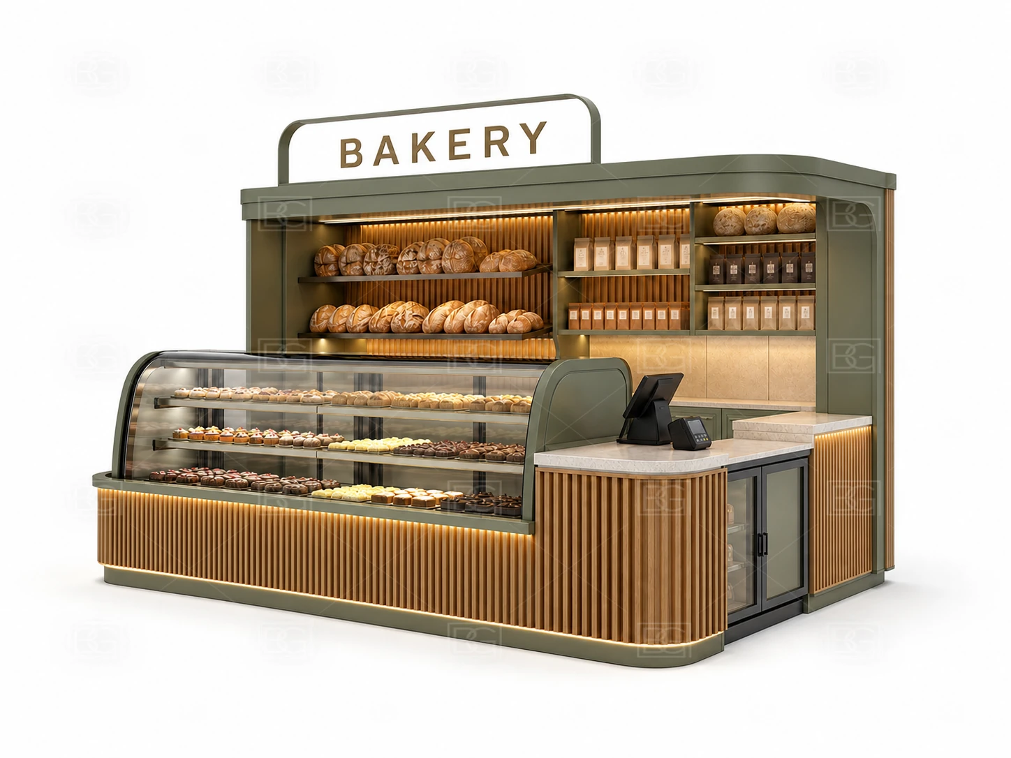 Custom Bakery Kiosk with Sage Green Biophilic Finish & Open Linear Service Layout - view 03