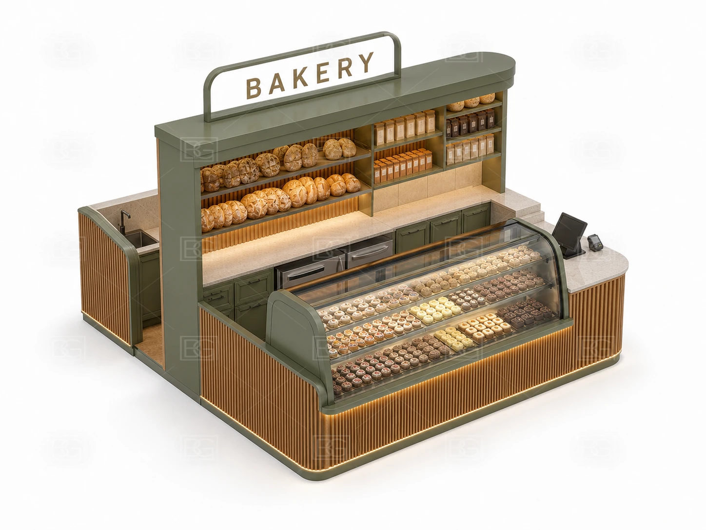Custom Bakery Kiosk with Sage Green Biophilic Finish & Open Linear Service Layout - view 04