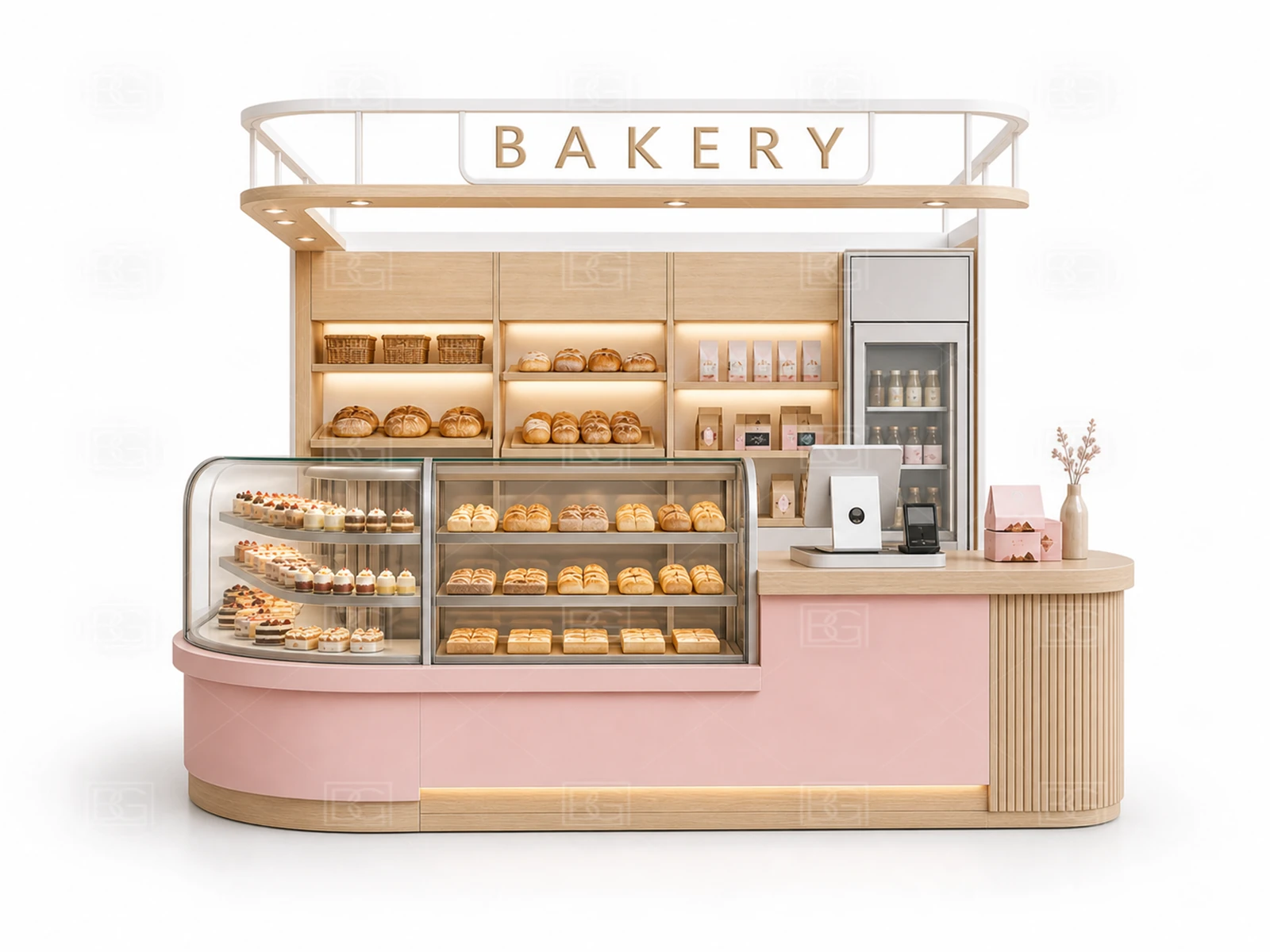 Custom Bread Display Counter in Blush Pink Contemporary Style with Open Octagonal Service Layout - view 02
