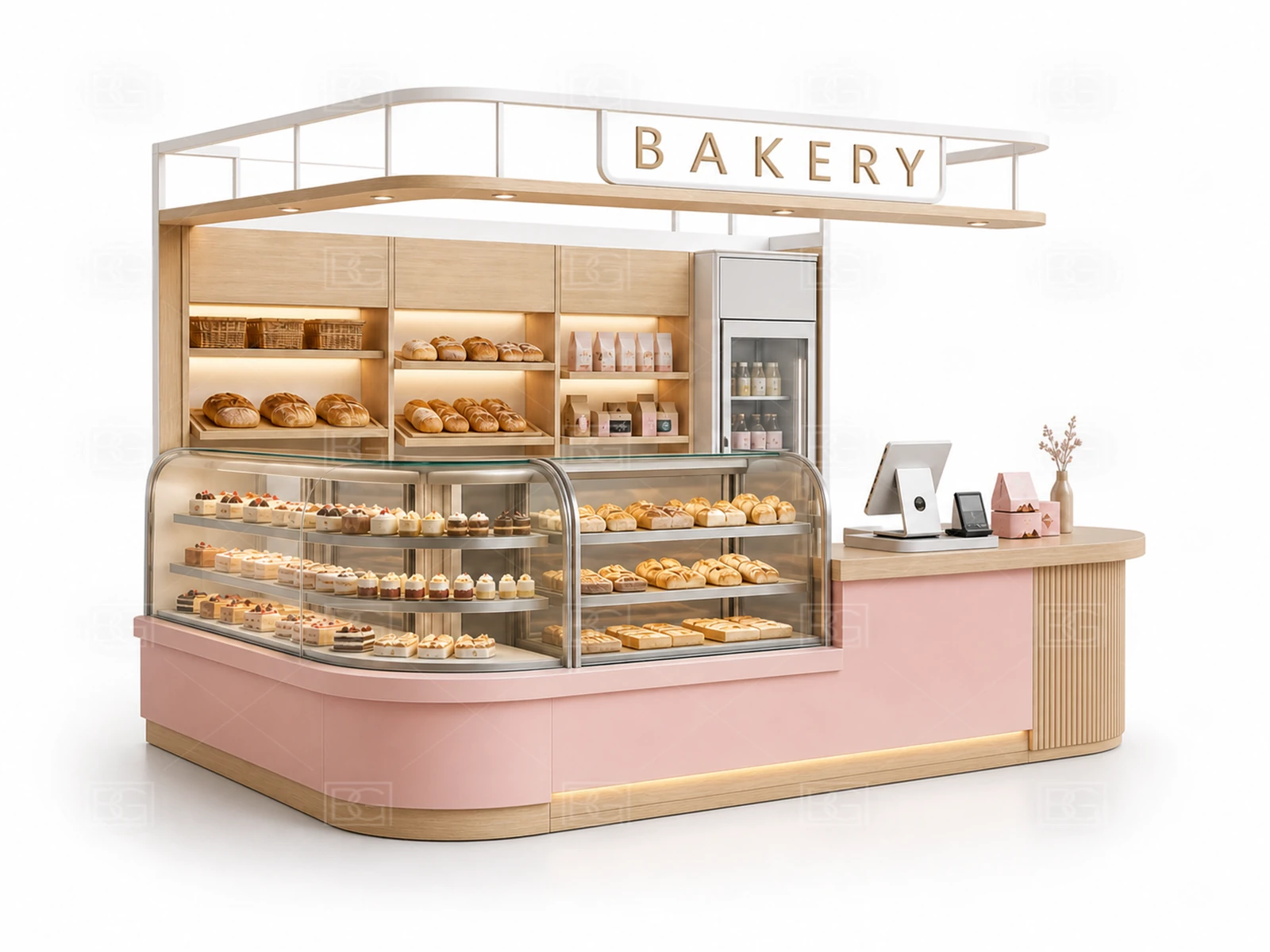 Custom Bread Display Counter in Blush Pink Contemporary Style with Open Octagonal Service Layout - view 03
