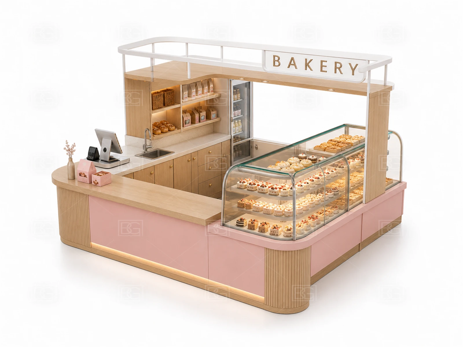 Custom Bread Display Counter in Blush Pink Contemporary Style with Open Octagonal Service Layout - view 04