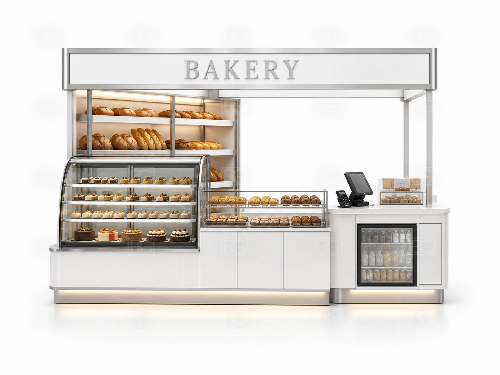 Custom Bread Display Counter in Clean White Modern Style with Curved Marble Display Counters - view 02
