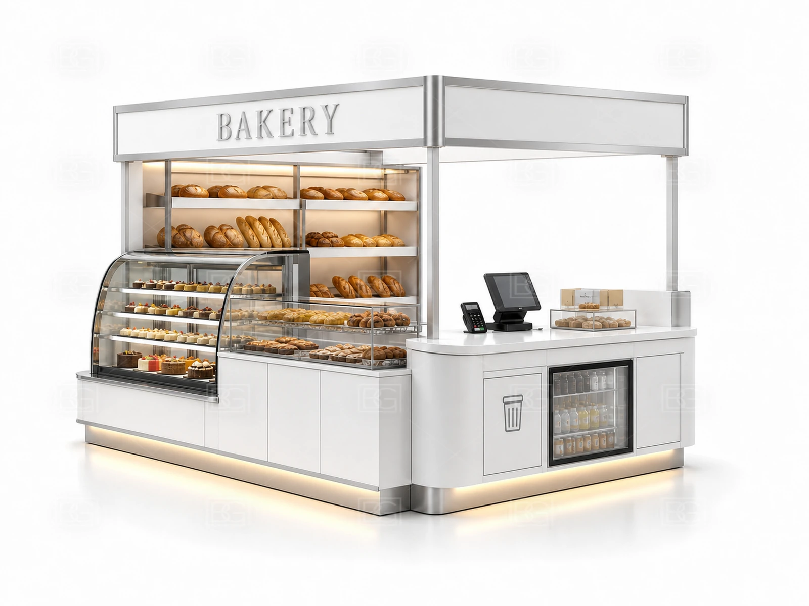 Custom Bread Display Counter in Clean White Modern Style with Curved Marble Display Counters - view 03
