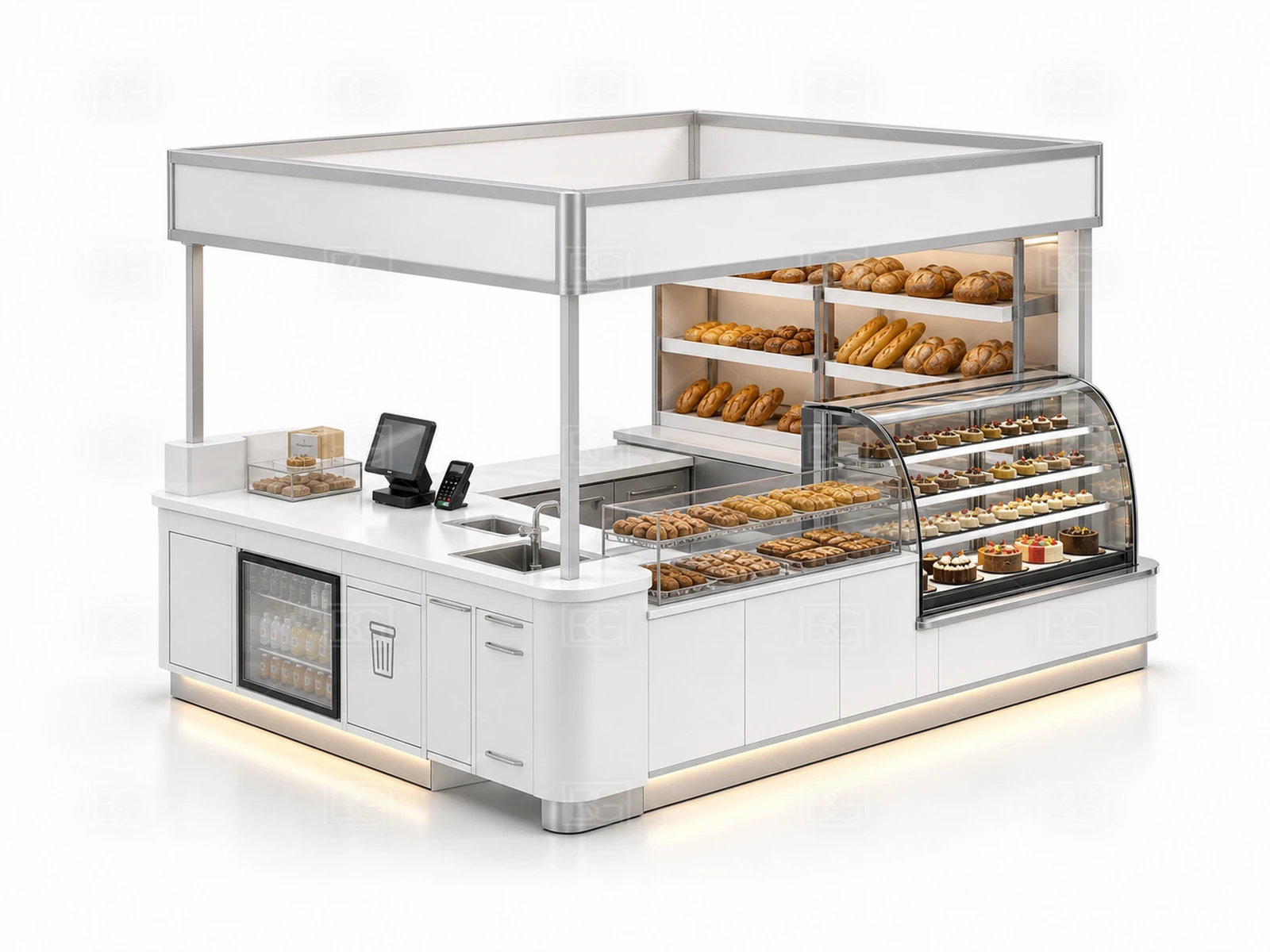 Custom Bread Display Counter in Clean White Modern Style with Curved Marble Display Counters - view 04